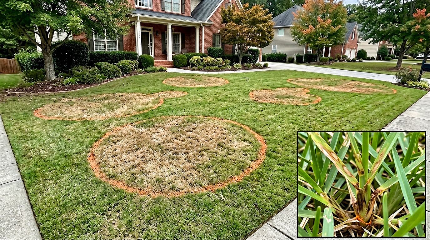 Photo-realistic educational image of a suburban Zoysia lawn in early fall Atlanta, Georgia, showing large circular patches (3-15 ft diameter) of thinned straw-brown grass caused by Rhizoctonia solani, with orange/copper margins and a close-up inset of lesions on blades and sheaths.