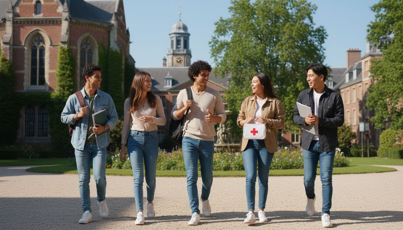 Students on a European campus with peace of mind from health coverage