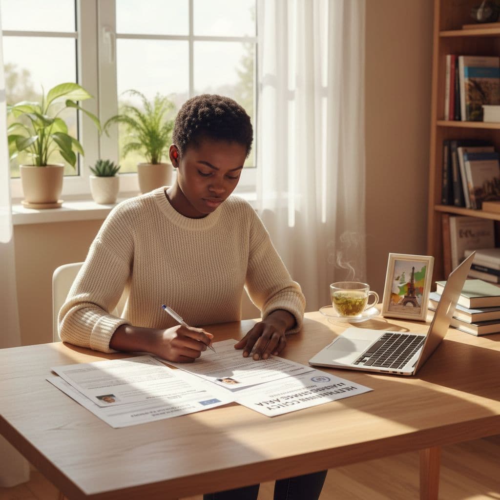 Student reviewing a Schengen-compliant insurance policy before submitting documents