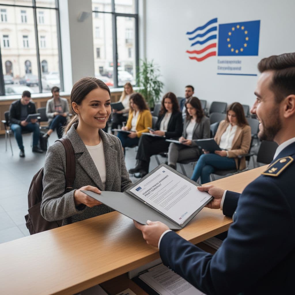 Student submitting insurance documents at a Schengen visa counter