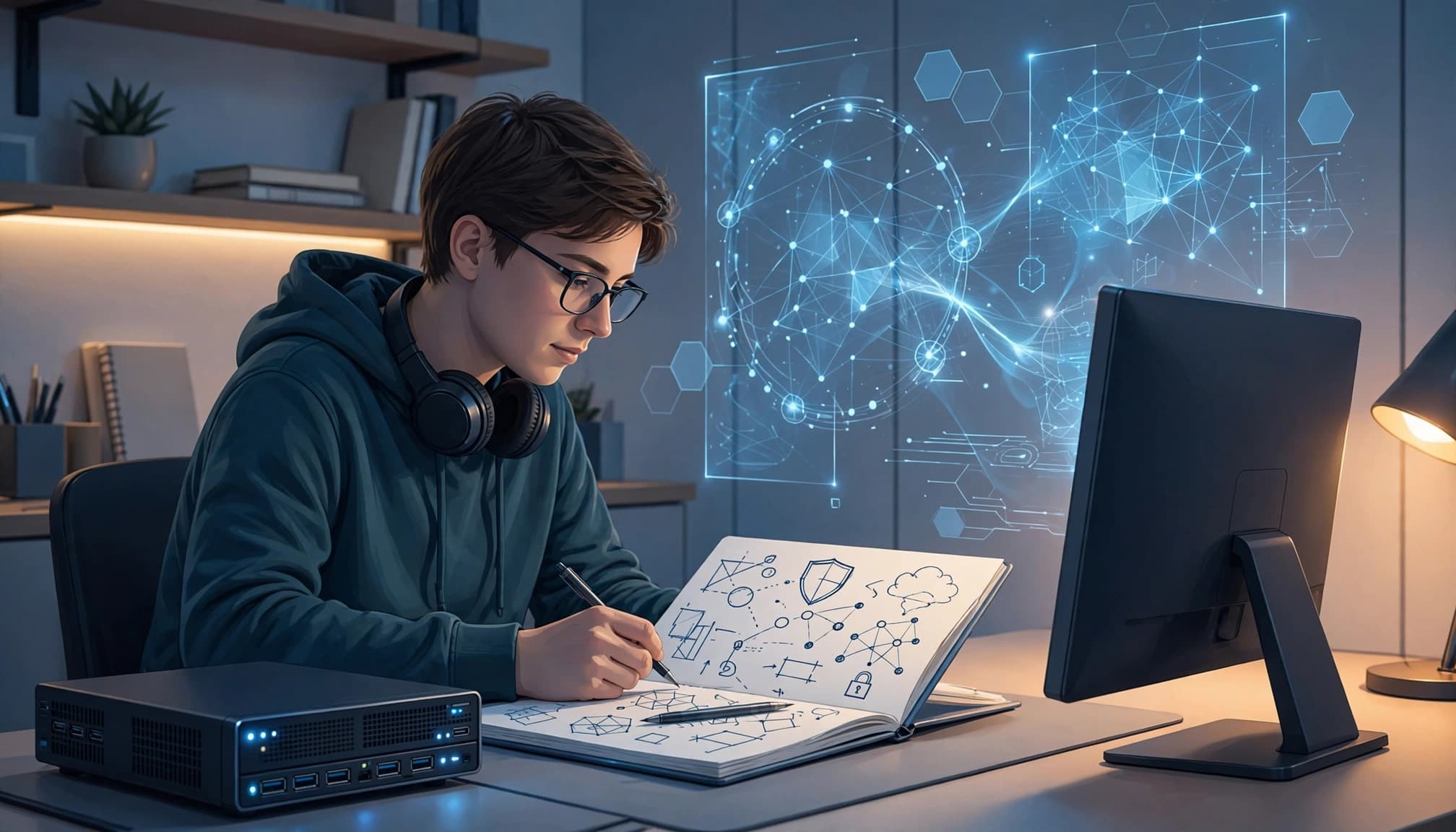 A beginner studies a cybersecurity lab beside a small server and notebook.