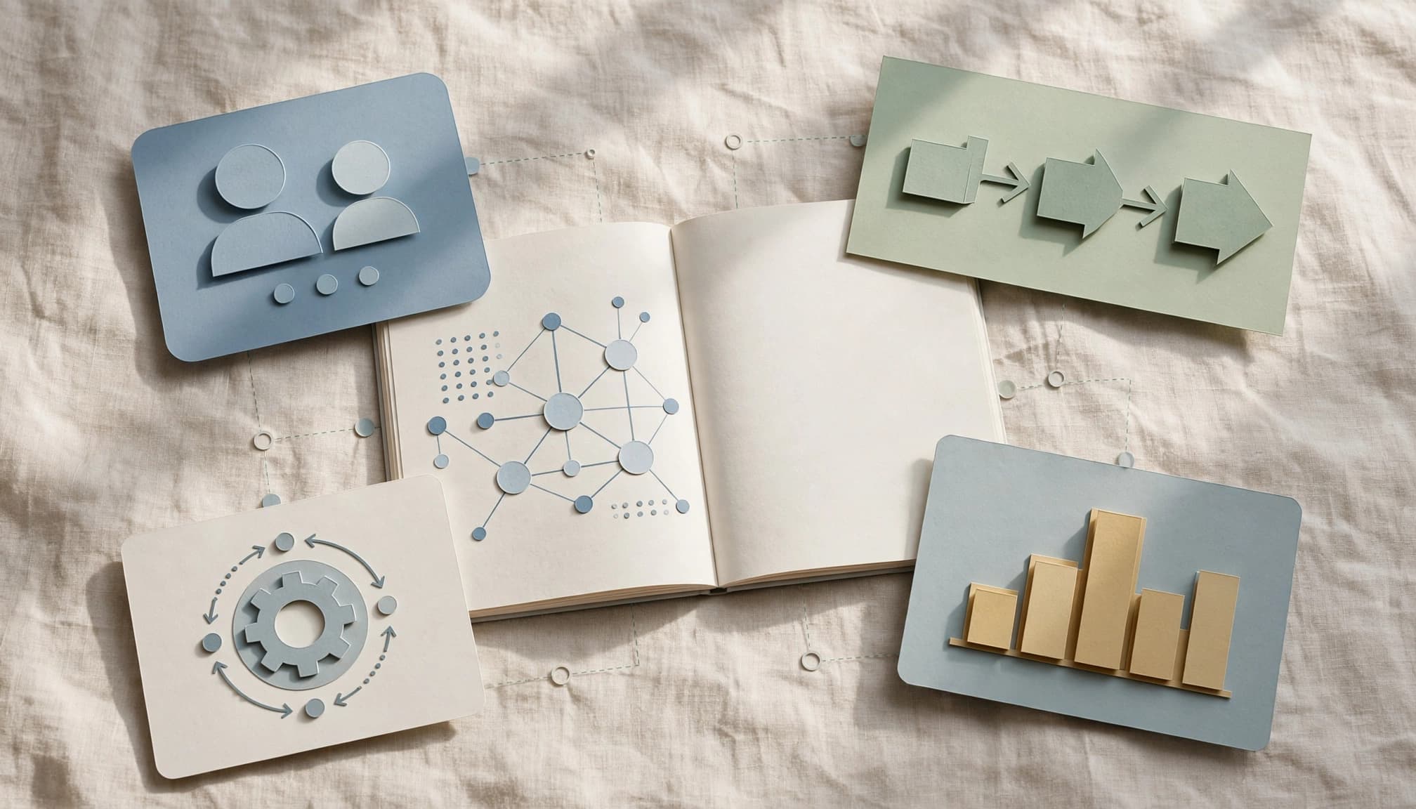 An open notebook shows contact cards, sales stages, a chart, and an automation symbol.
