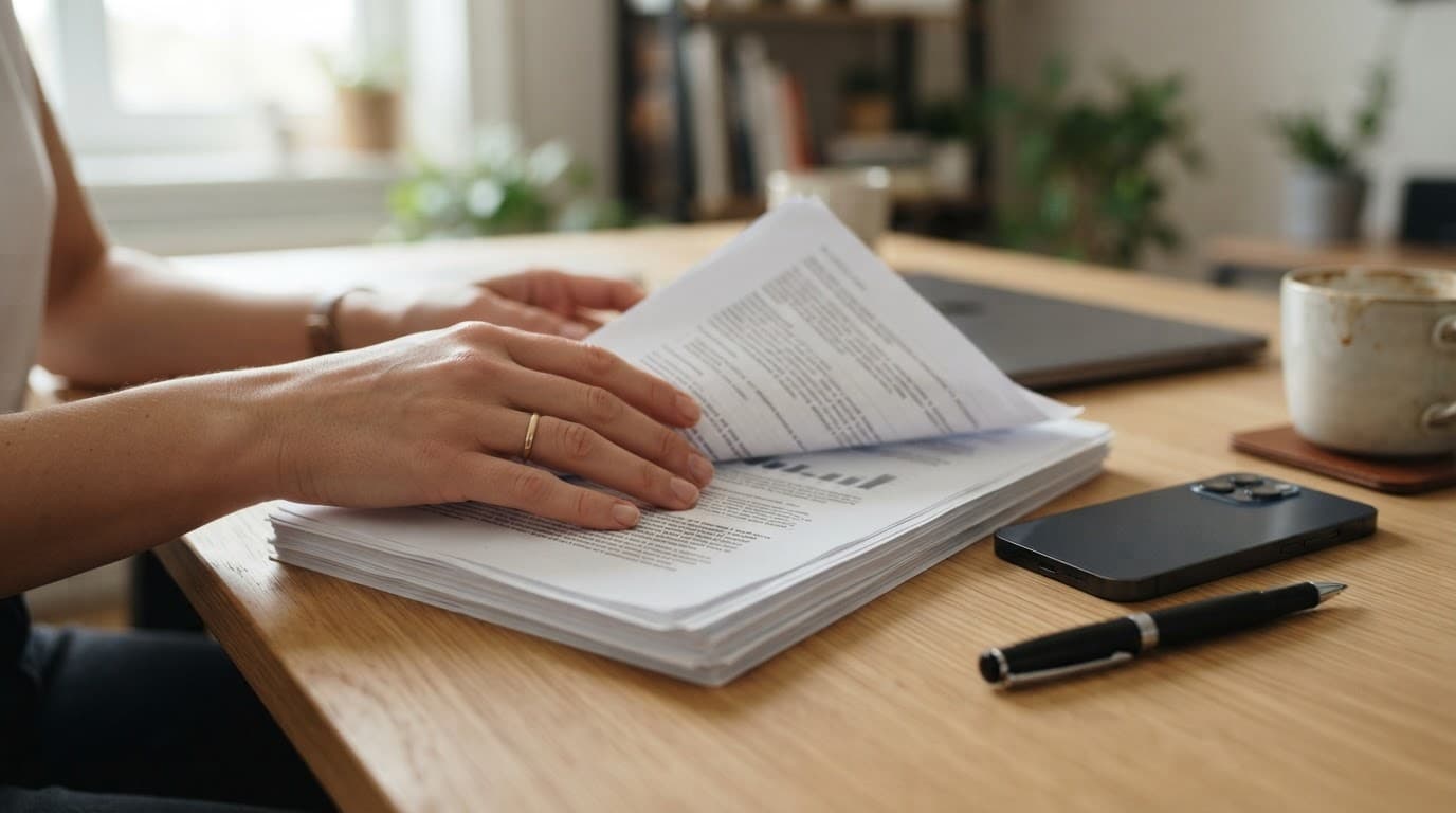 A hand reads printed regulatory papers beside a smartphone and pen.