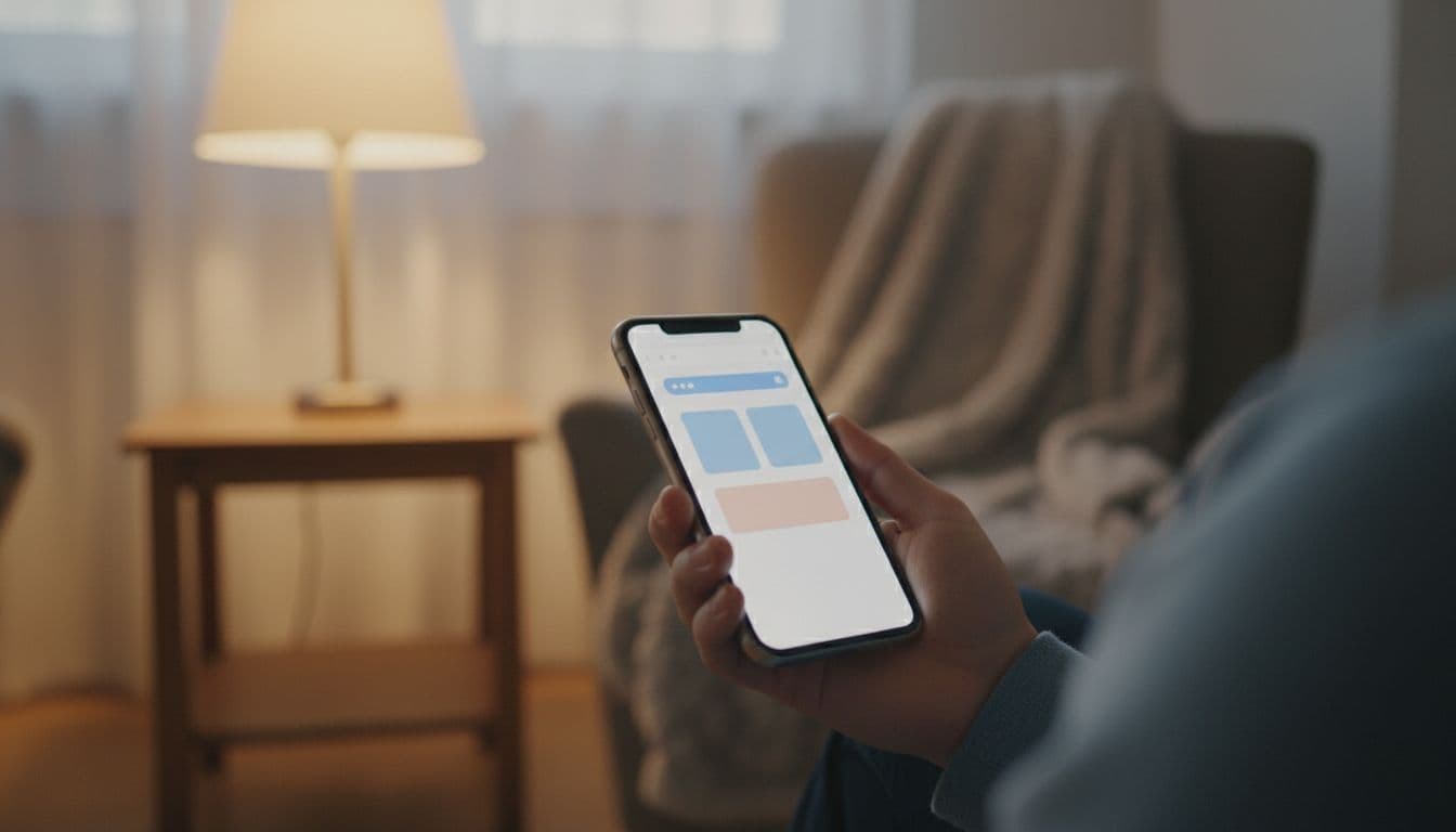 A person's hand with relaxed grip holds a smartphone displaying a browser app searching an online query, in a cozy living room with warm lamp light. Realistic photo style, square composition, no readable text or detailed UI.