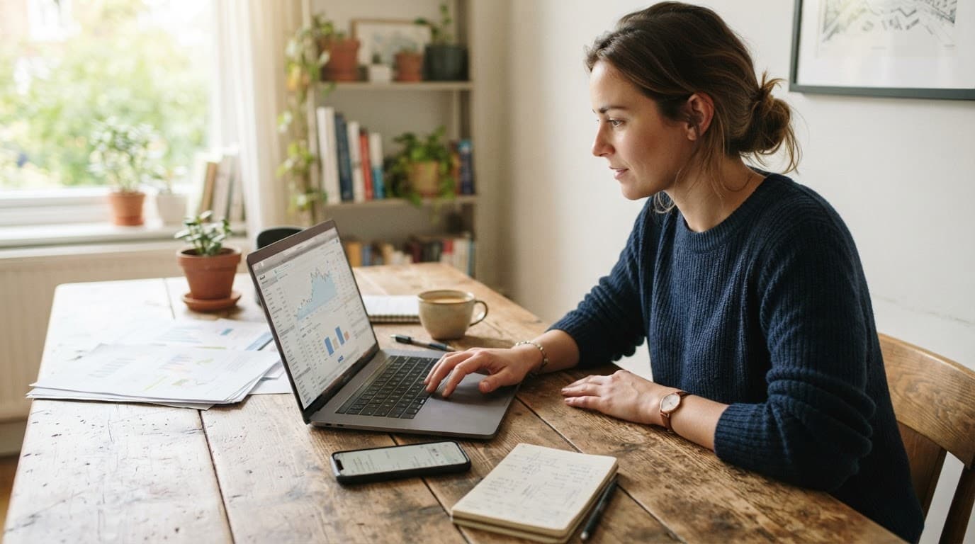 Person researching investments at a desk with a laptop, phone, and papers.