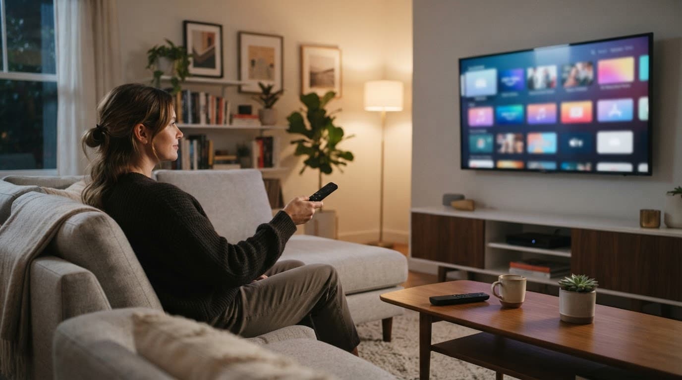 A viewer chooses a streaming service on a living-room television beside a sofa and remote.