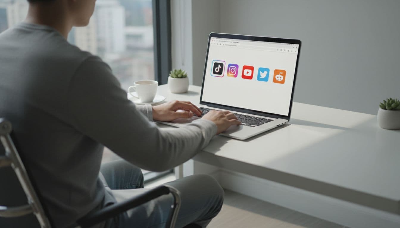 Clean modern workspace showing a laptop with browser tabs for social media sites like TikTok, Instagram, X, YouTube, and Reddit. One person seated at the desk with hands on keyboard under natural window light.