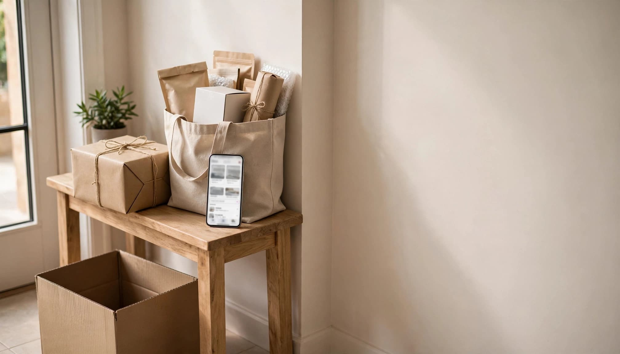 A delivery box, reusable tote, and smartphone sit on an entryway table.