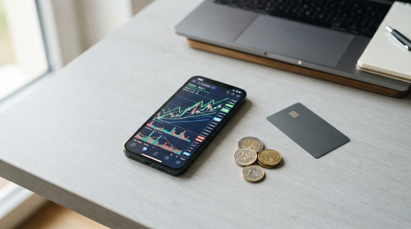 A smartphone with rising charts beside coins, a bank card, and a blurred laptop.