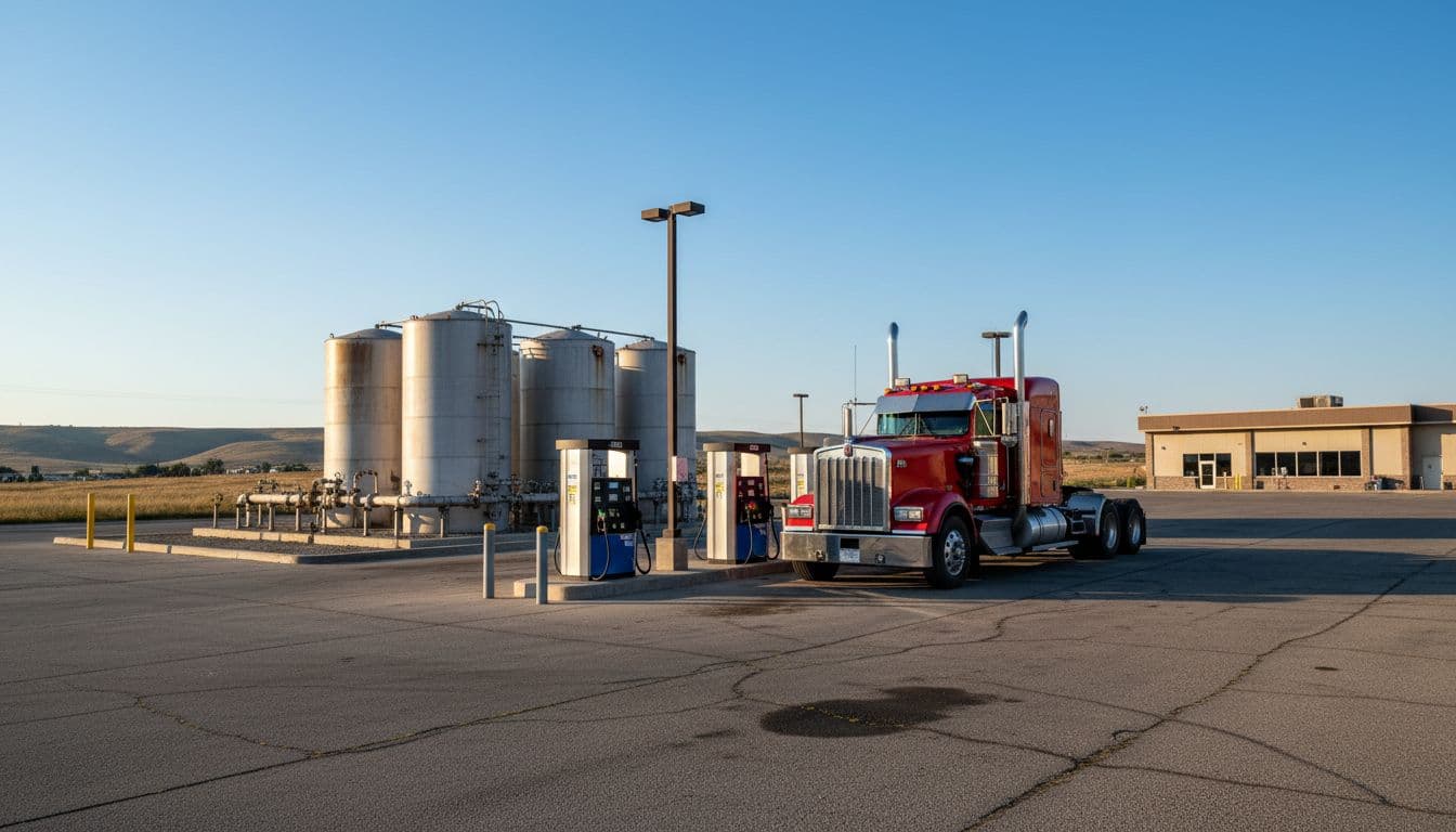 Semi-truck refuels at diesel pumps in truck stop with large fuel tanks, sunny day.