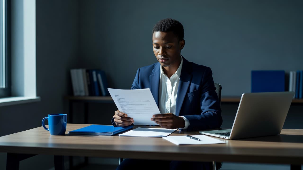 A young Nigerian professional reviewing a printed CV at a clean desk.