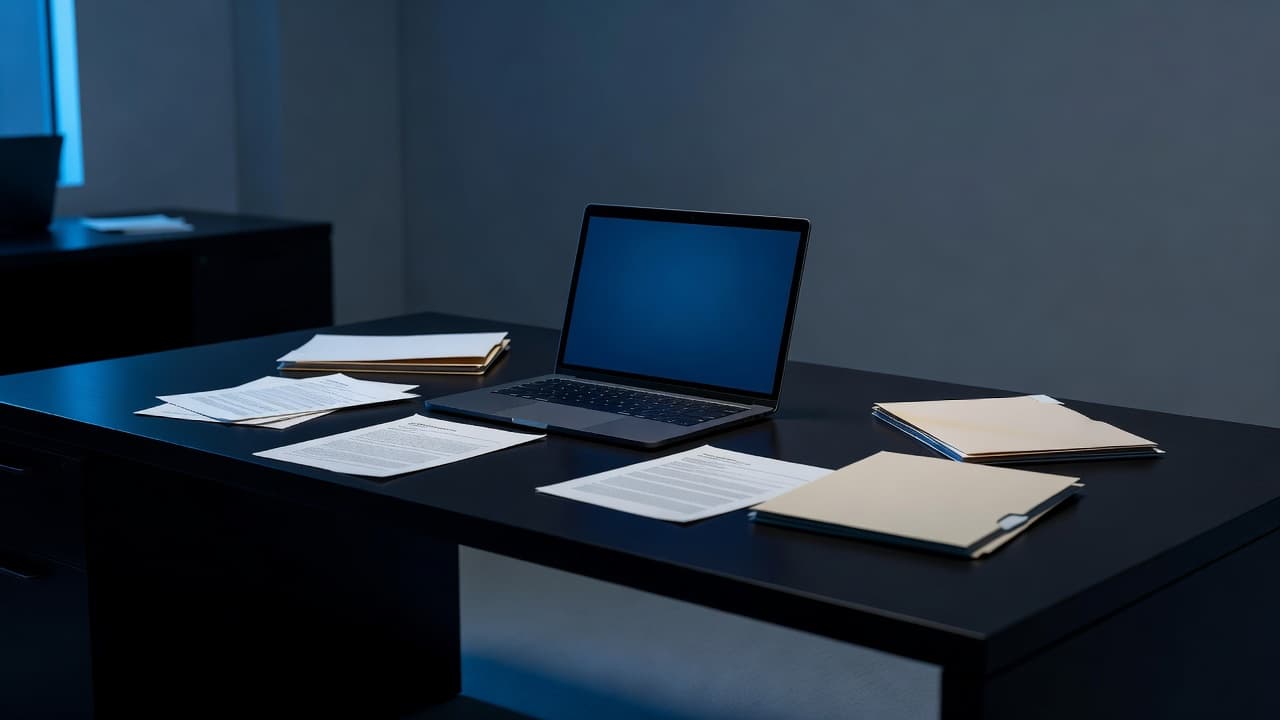 A laptop and documents on a dark desk bathed in dramatic blue light.