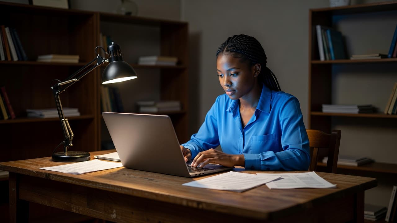 A student using a laptop at a wooden desk with soft blue lighting.
