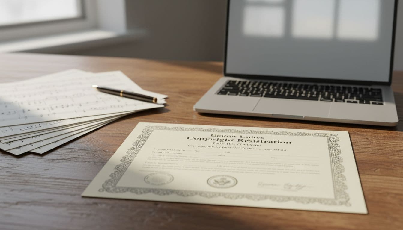 Printed U.S. copyright certificate on wooden desk beside sheet music, blurred laptop screen, and pen under natural light.