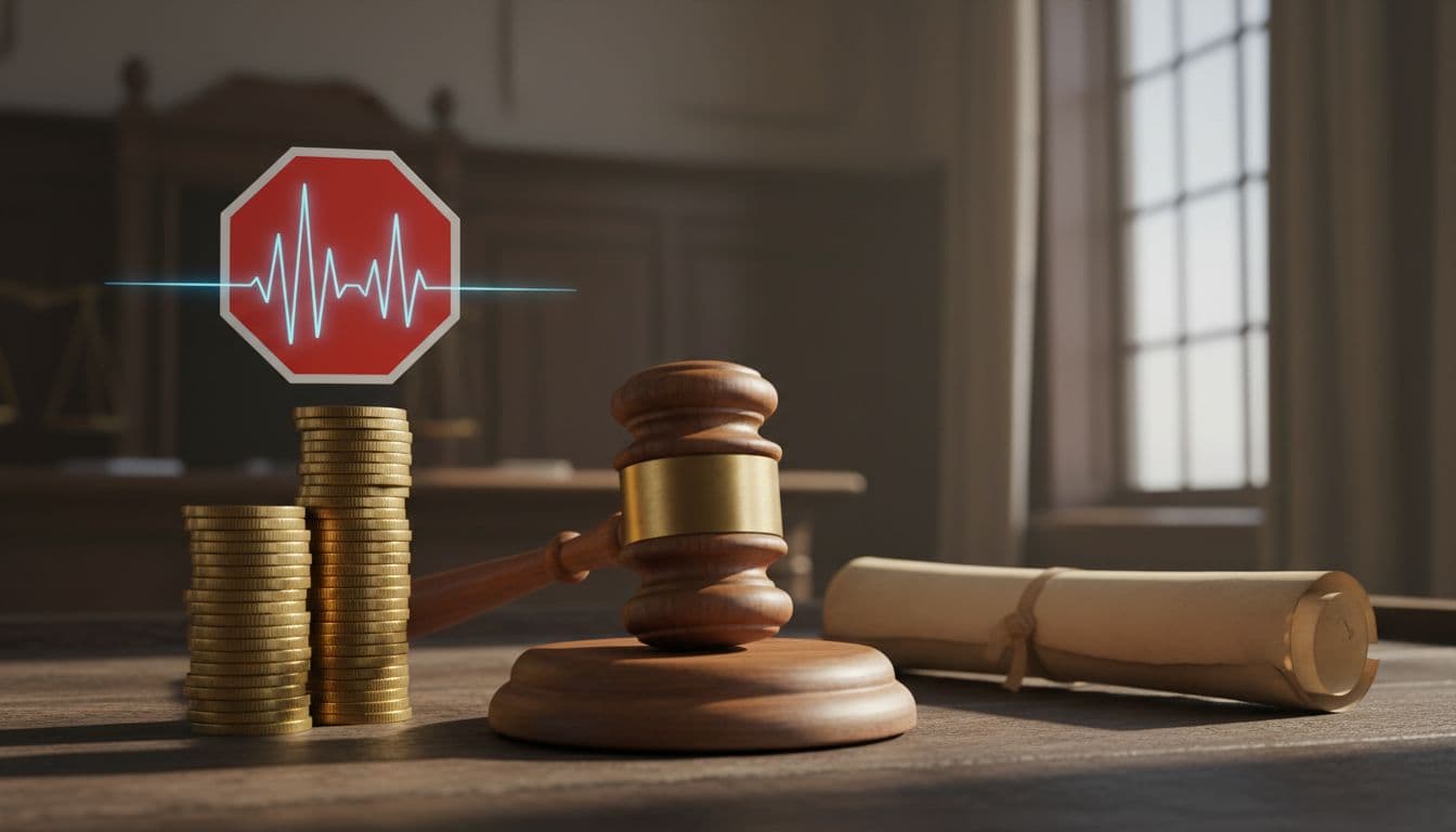 Wooden gavel on bench beside gold coins, red stop sign over musical waveform, and rolled verdict scroll.