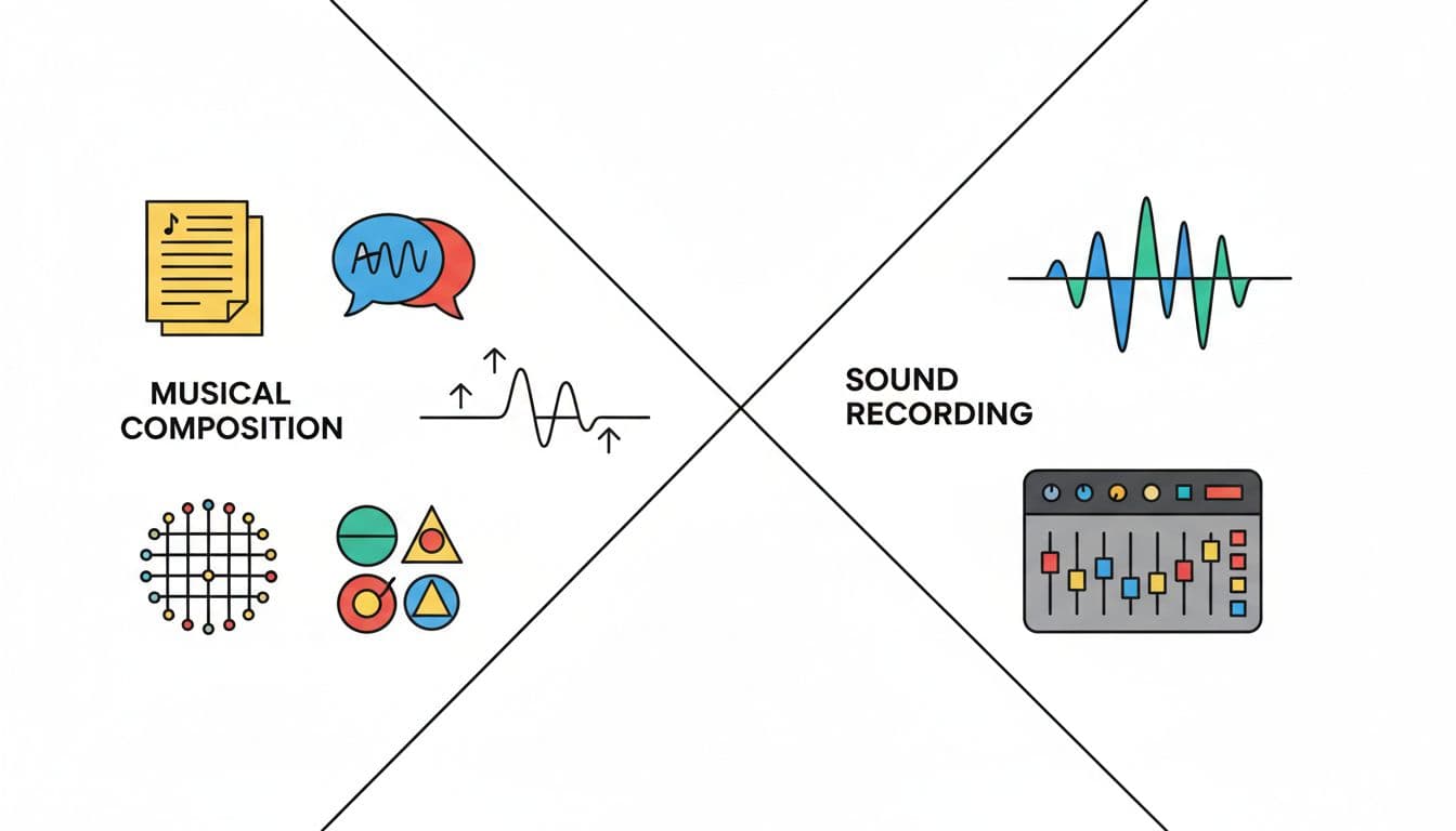 Diagram splits music into composition icons like sheet music, lyrics, melody, chords, and beats on one side, and sound recording with waveform and mixing board on the other, divided by central line.