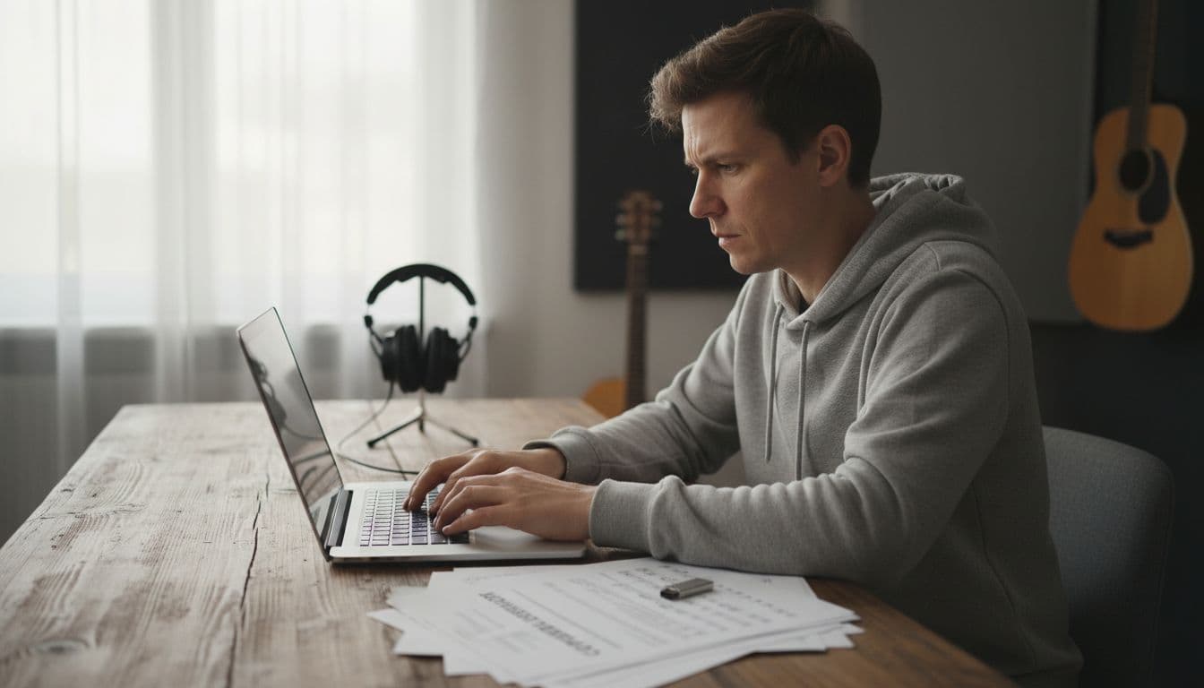 Musician types on laptop at wooden desk in home studio with copyright registration, sheet music, and USB drive nearby.