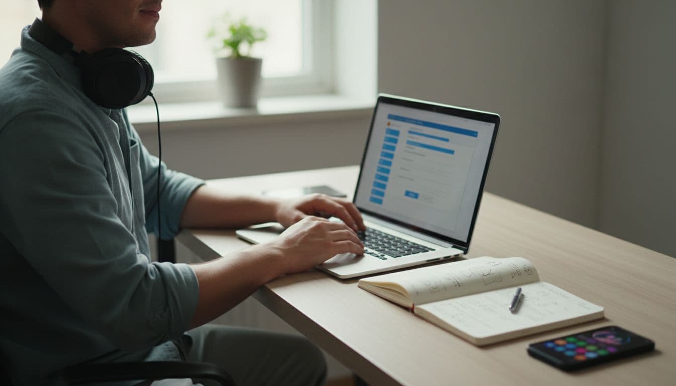 Musician at modern desk in home office uses laptop to complete copyright report form, with headphones, smartphone, and open notebook nearby.