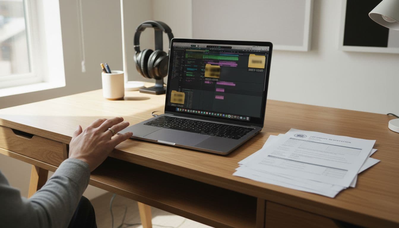 Modern home studio desk with laptop open to blurred dated music files, printed copyright registration, split sheet, and dated emails; one hand rests near keyboard.