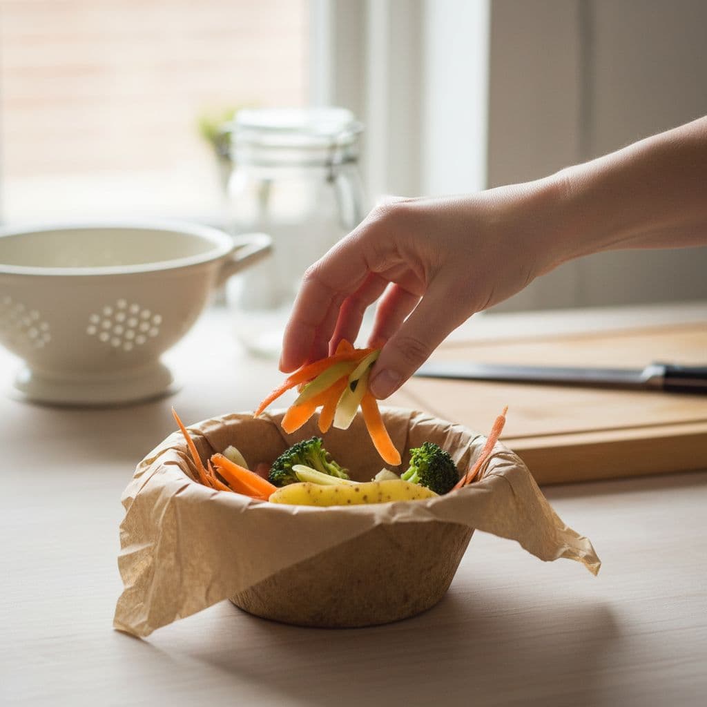 A hand pours vegetable peelings into a small compost bin lined with absorbent paper on a kitchen table.