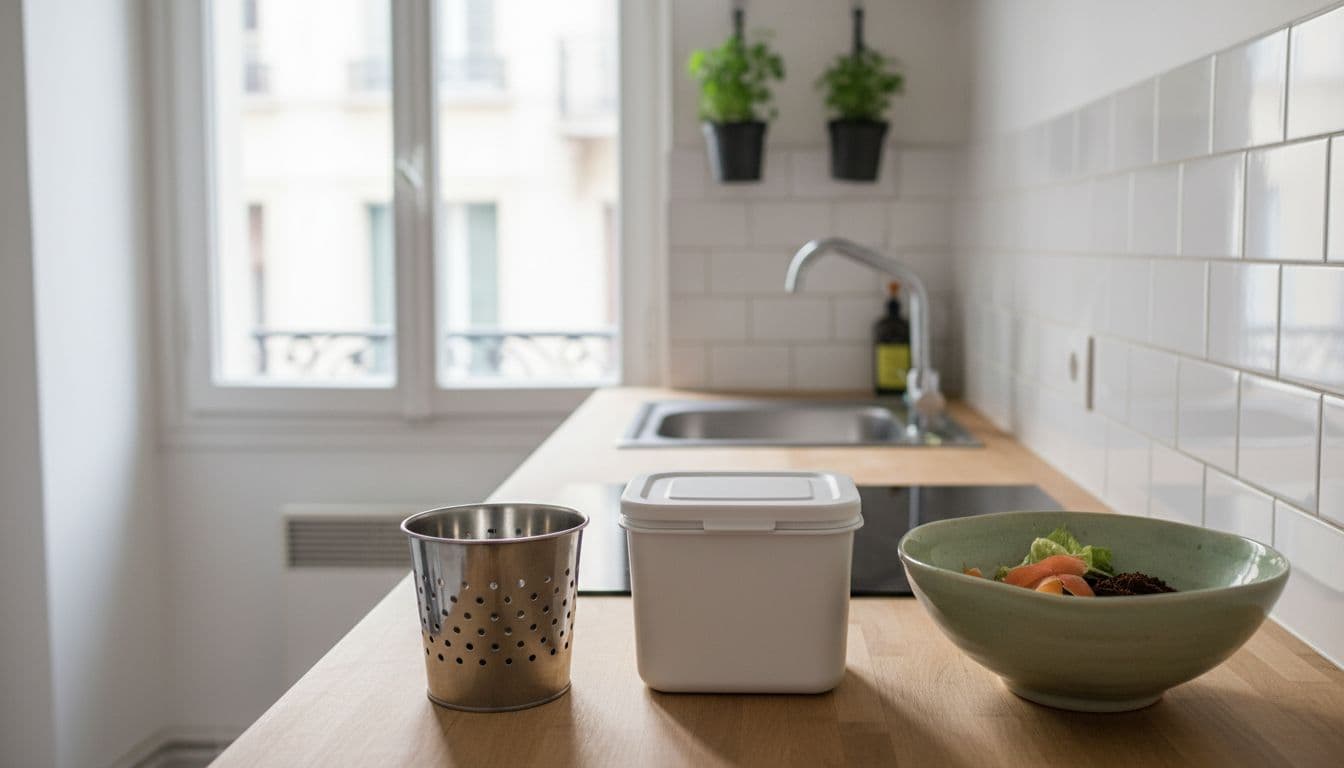Countertop in petite urban kitchen holds ventilated bucket, closed bin, and bowl for peels and organic waste.