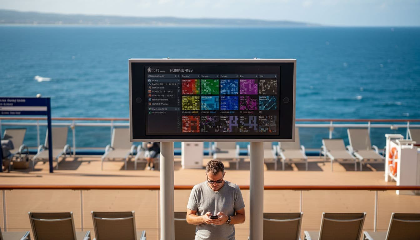 On a busy cruise ship deck, a single passenger checks their phone for updates beside a digital schedule screen displaying excursion and dining times, with a blurred train platform sign and ocean view in natural daytime light.
