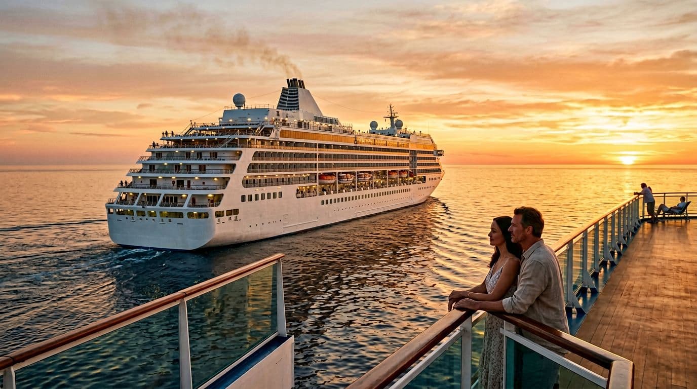 A large cruise ship sails across a vast calm ocean at sunset, wide side view showing decks with relaxed passengers including a couple on the rail, realistic photo with warm golden hour lighting.