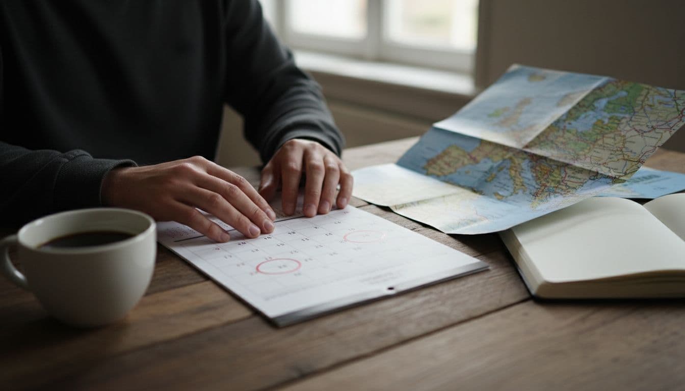 A solo traveler at a desk examines a wall calendar marked with circled dates next to a folded Europe rail map, with a notebook and coffee cup nearby, illuminated by window light in a realistic close-up photograph.