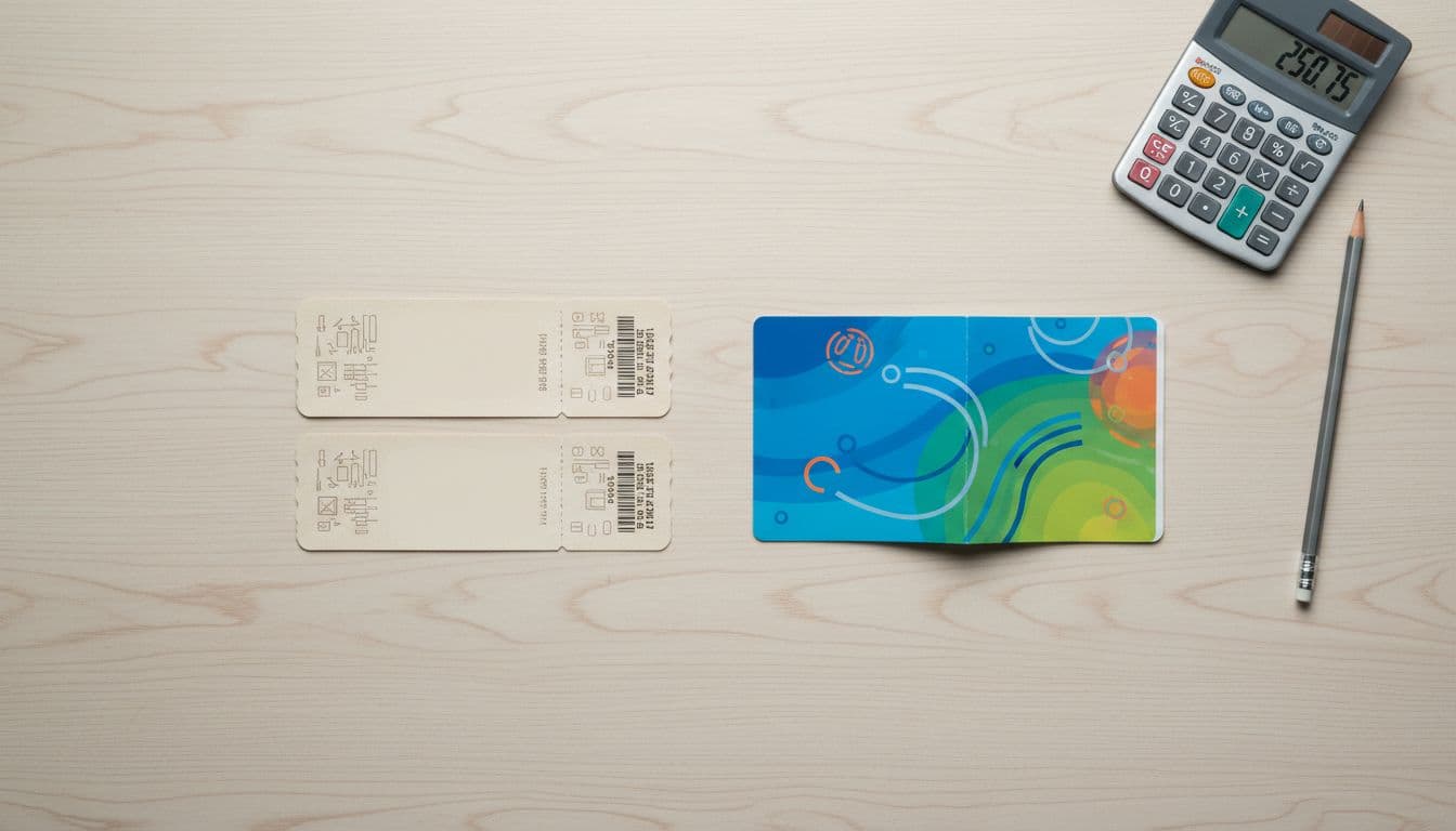 Flat lay top-down view of two point-to-point train tickets and one colorful Eurail-style rail pass on a light wooden table with a calculator and pencil, bright natural light, photorealistic.