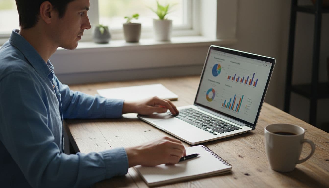 A focused person sits at a wooden desk in a bright home office, reviewing rail and cruise fare details on a laptop screen angled with no visible text. Nearby are a notebook, pen, and coffee mug, illuminated by natural daylight from a window.
