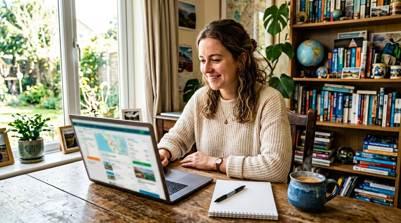 A relaxed traveler sits at a desk in a cozy home office with a laptop open to blurred travel booking sites, notepad showing cost calculations, pen, and coffee cup nearby, illuminated by bright natural window light.