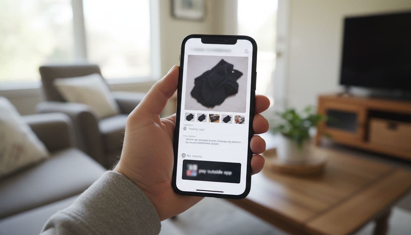 Hand holds smartphone screen at angle showing blurry second-hand Lululemon photo and vague details indoors.