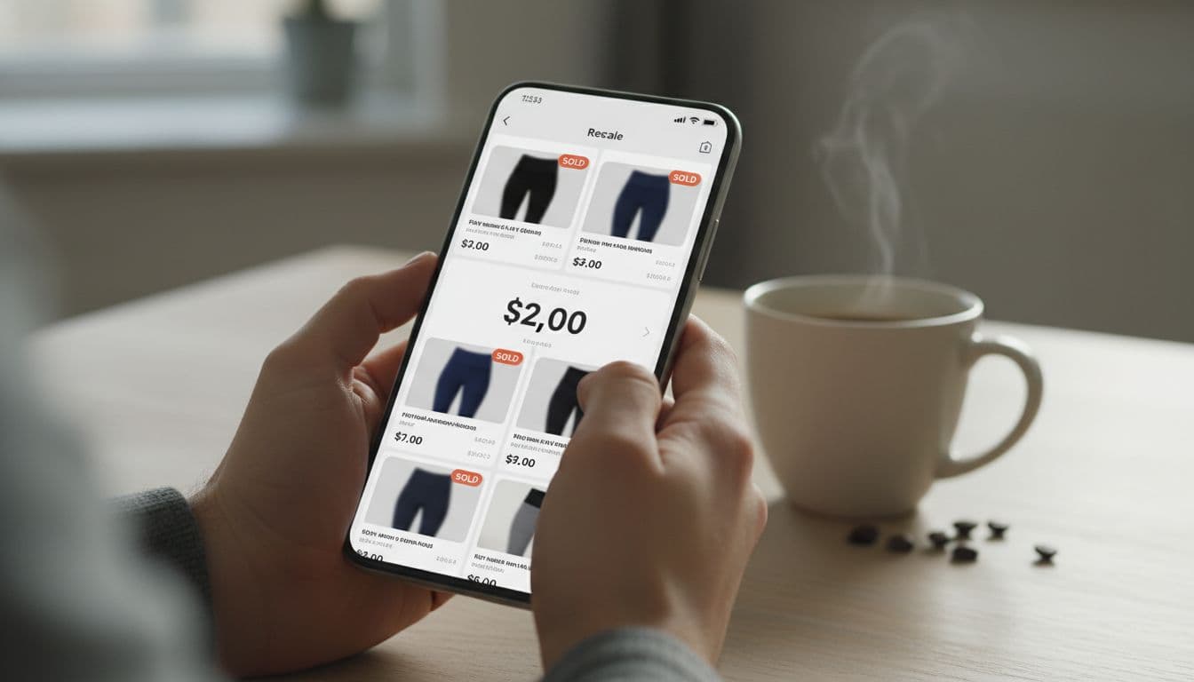 Hands hold smartphone displaying resale app with sold Lululemon leggings listings; price comparisons and coffee mug on table.