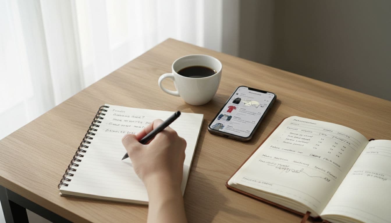 Hand writes on notepad next to phone with resale app open, coffee mug, and notebook on simple desk.