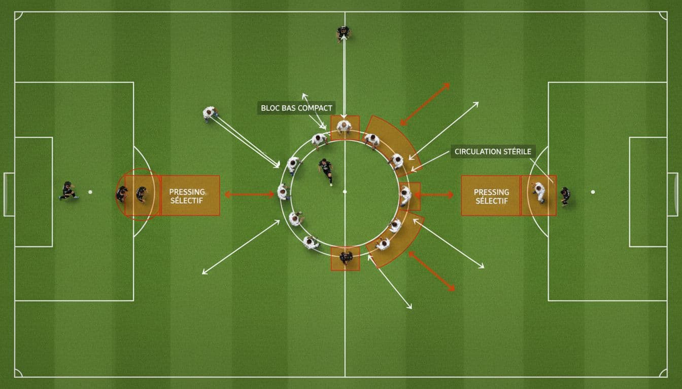 Top-down tactical diagram of a Ligue 2 football match showing a compact defensive low block with 8 players in two tight lines behind the ball, emphasizing axial density to block central infiltration and force play wide.