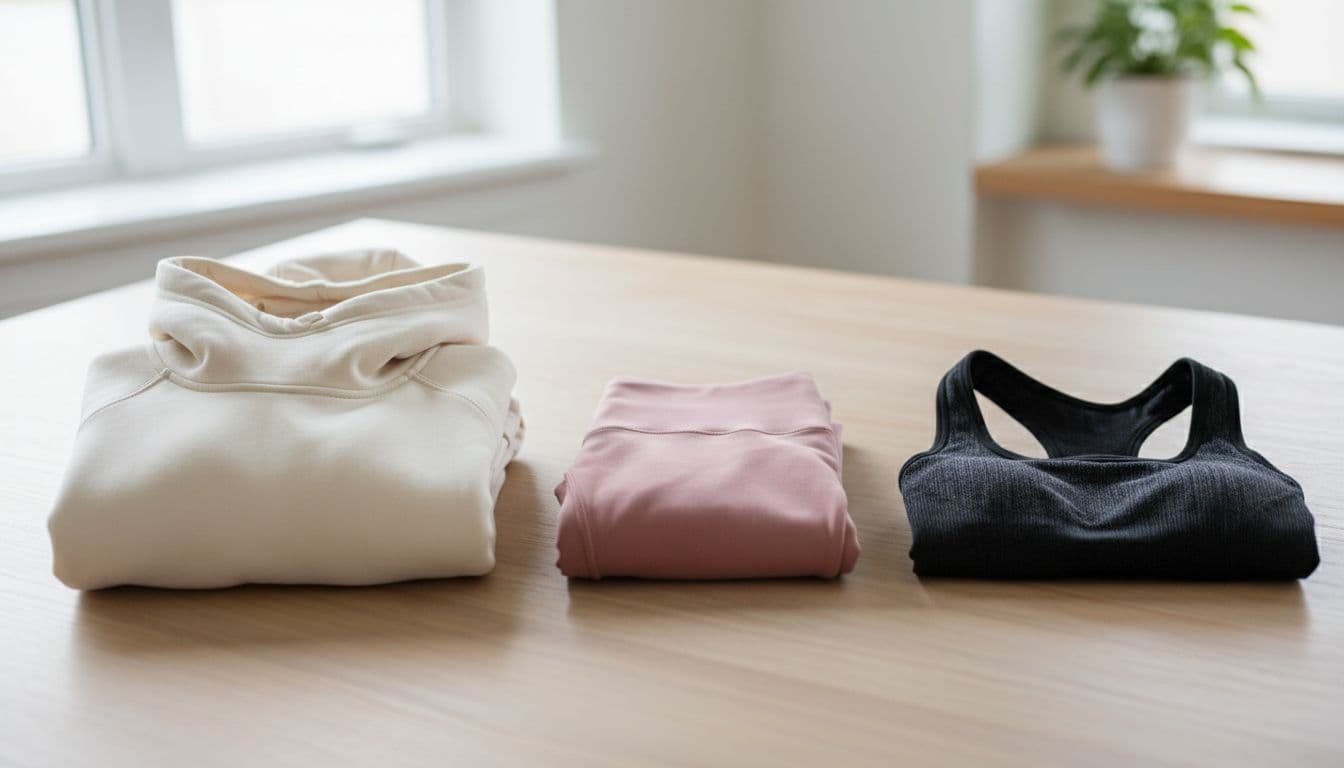 Align leggings, Scuba hoodie, and Swiftly bra folded on light wooden table in bright home.