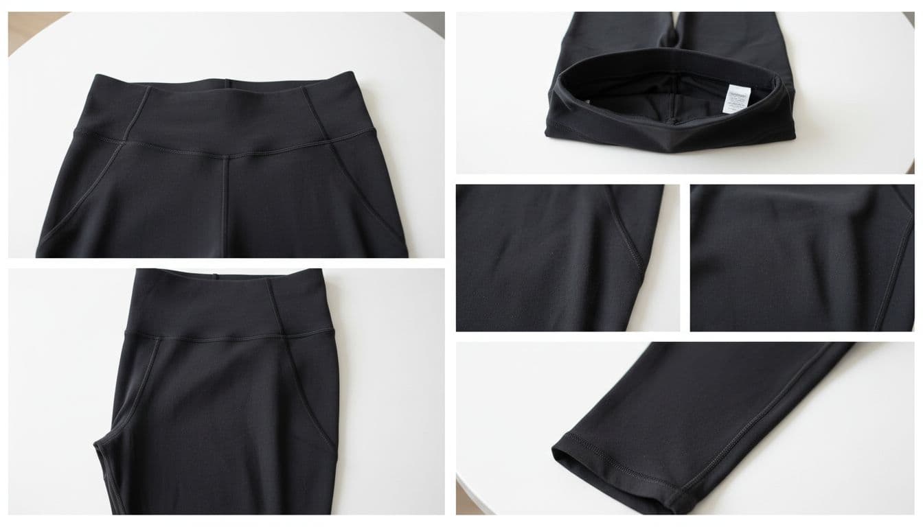 Multiple angled close-ups of black Lululemon Align leggings on white table show waistband, care tag, seams, thigh, and hem.