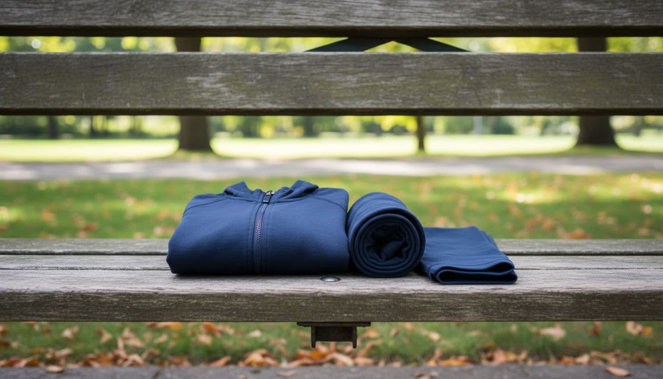 Folded Lululemon jacket and leggings on a park bench with trees in background.