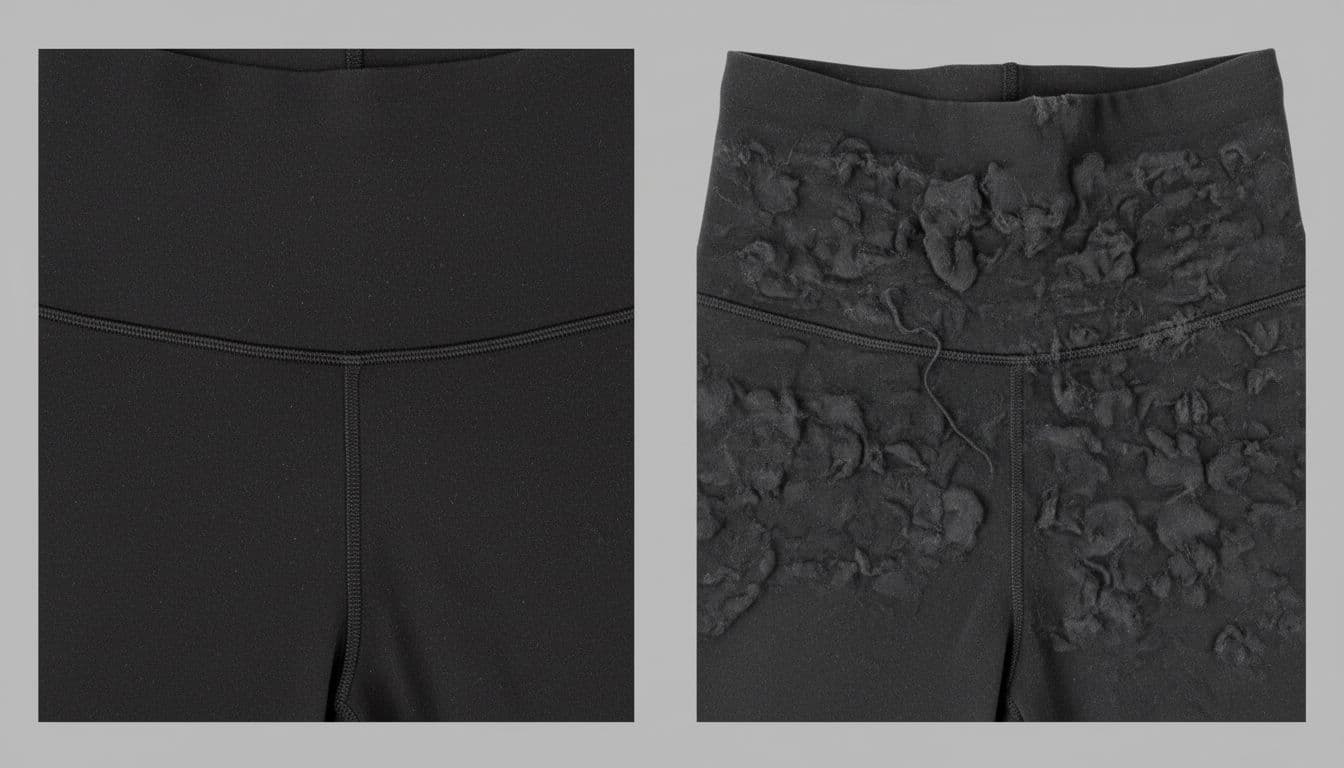 Side-by-side close-up of two Lululemon leggings fabric swatches on gray background: left shows slight pilling, right shows heavy pilling, stretched waistband, faded color, and snag.