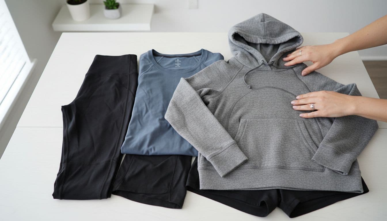 Hands arrange folded black Align leggings, heather grey Scuba hoodie, Swiftly top, and Pace Breaker shorts on white wooden table.