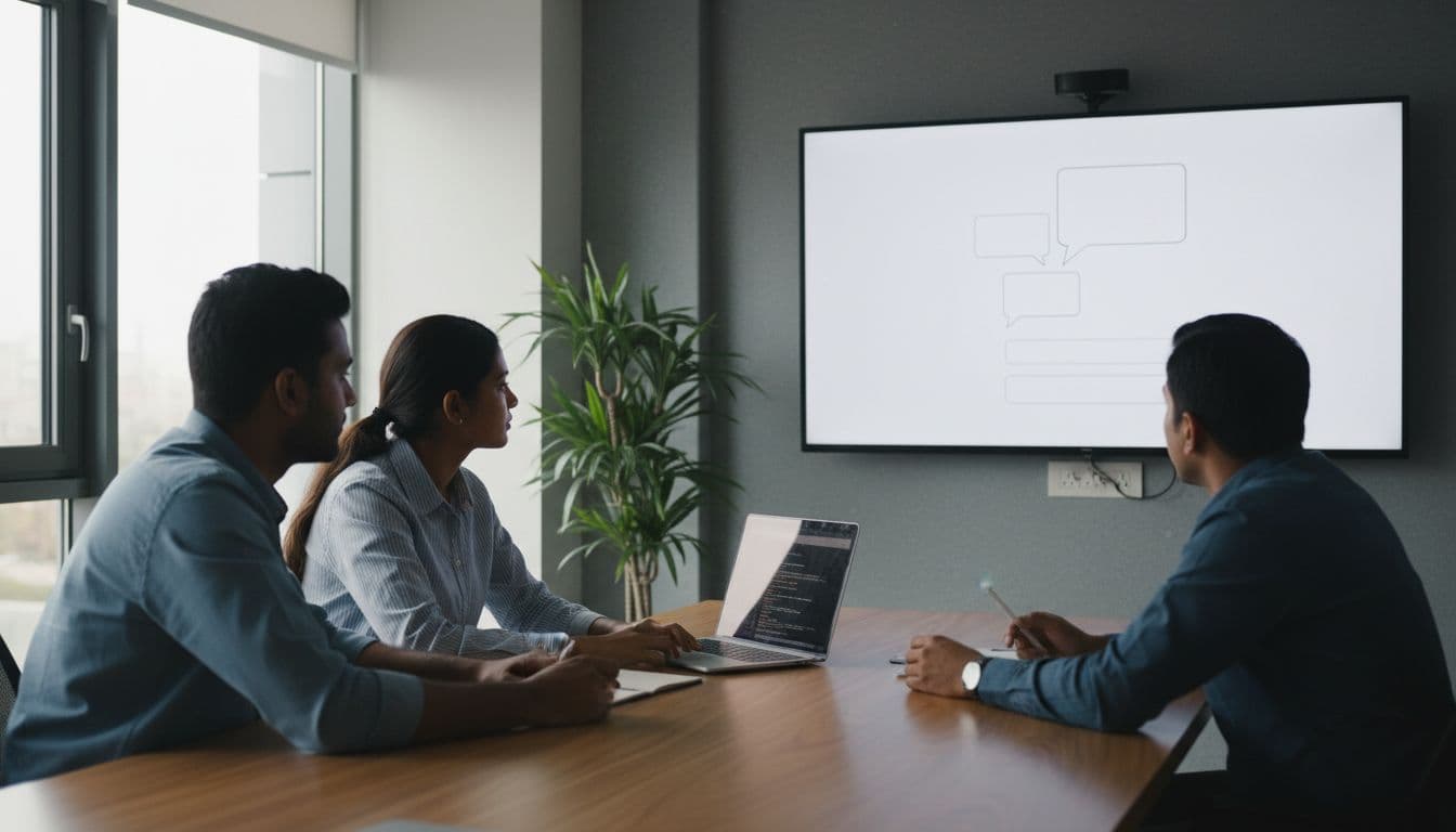A team of three diverse software engineers in a modern Indian office collaborates around a large screen showing a simple AI chatbot interface wireframe, with a laptop displaying blurred code snippets under natural daylight lighting.