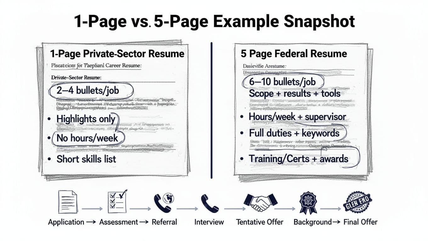 Hand-drawn split-screen infographic comparing a concise 1-page private-sector resume on the left with a detailed 5-page federal resume on the right, highlighting key differences via callouts. Features a mini timeline at the bottom depicting the federal hiring process from application to final offer.