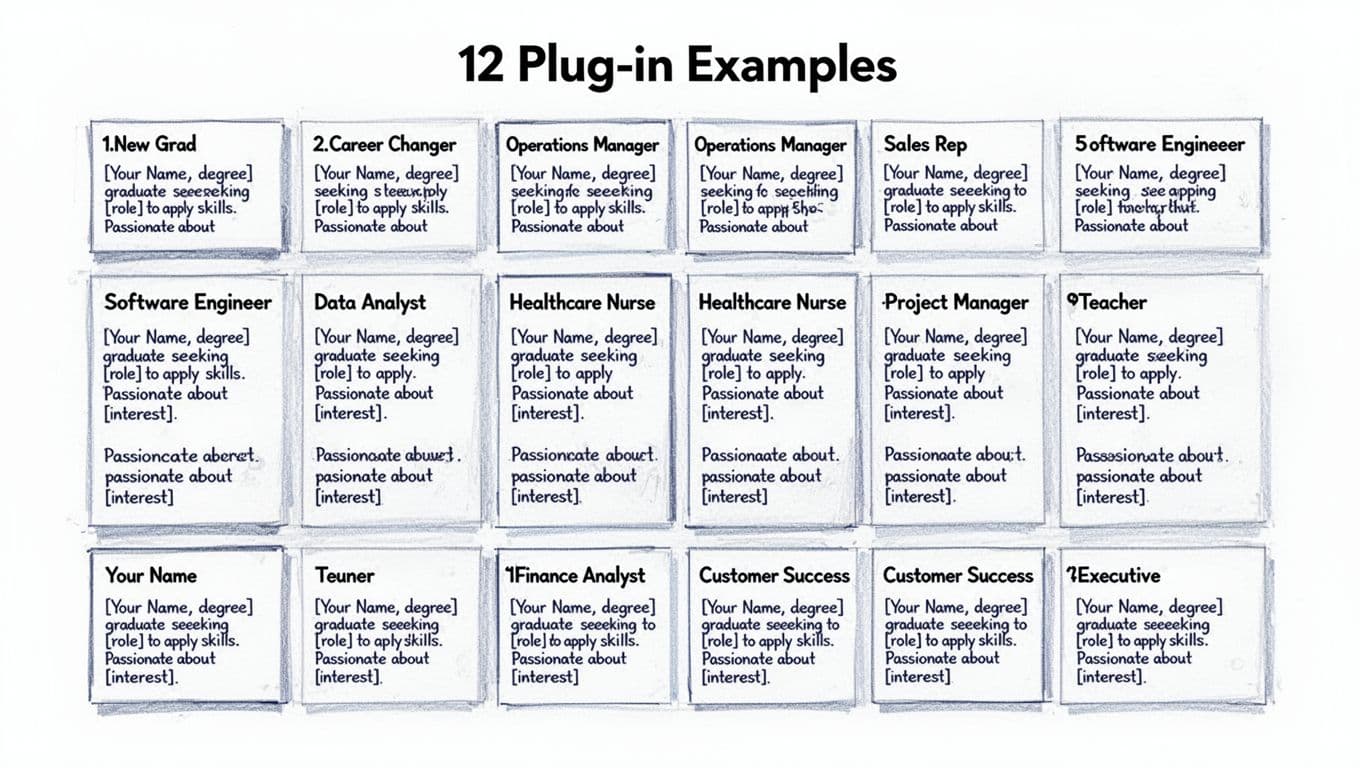 Hand-drawn illustration in black and deep blue ink on white background showing a neat 3x4 grid of 12 professional cards for job roles like New Grad, Software Engineer, and Executive. Each card includes 2-3 lines of customizable placeholder text with brackets for personalization.