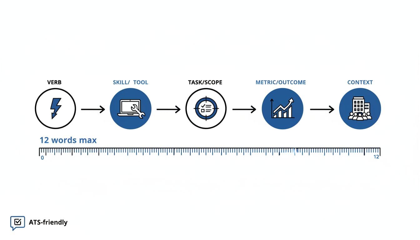 Minimalist hand-drawn infographic depicting a horizontal step-by-step pipeline for the 12-Word Resume Bullet Formula, featuring icons for verb, skill, task, metric, and context with a central ruler emphasizing the 12-word limit.