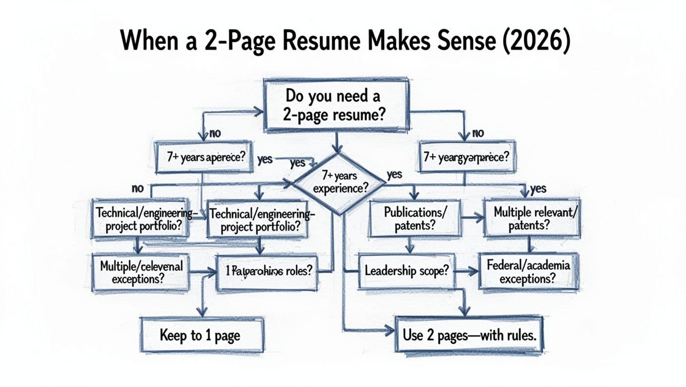 Hand-drawn infographic decision flowchart in black and blue ink on white background, outlining conditions like 7+ years experience, technical portfolio, publications, multiple roles, leadership, and exceptions for using a 2-page resume.