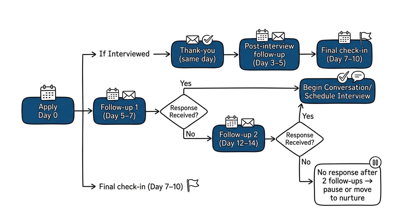 Hand-drawn minimal line art flowchart in black and deep blue ink on white background, depicting the recommended follow-up timeline for job applications starting from Day 0, including decision branches and polite-stop rules.
