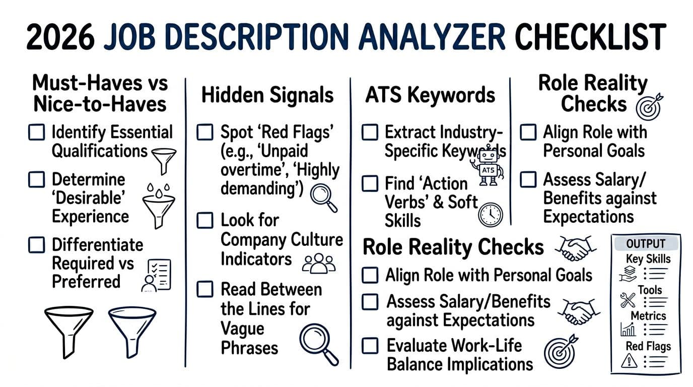Hand-drawn sketch-style infographic poster on white background featuring a professional HR checklist for analyzing job descriptions, divided into sections like Must-Haves vs Nice-to-Haves, Hidden Signals, ATS Keywords, and Role Reality Checks, with simple icons and an Output side panel.