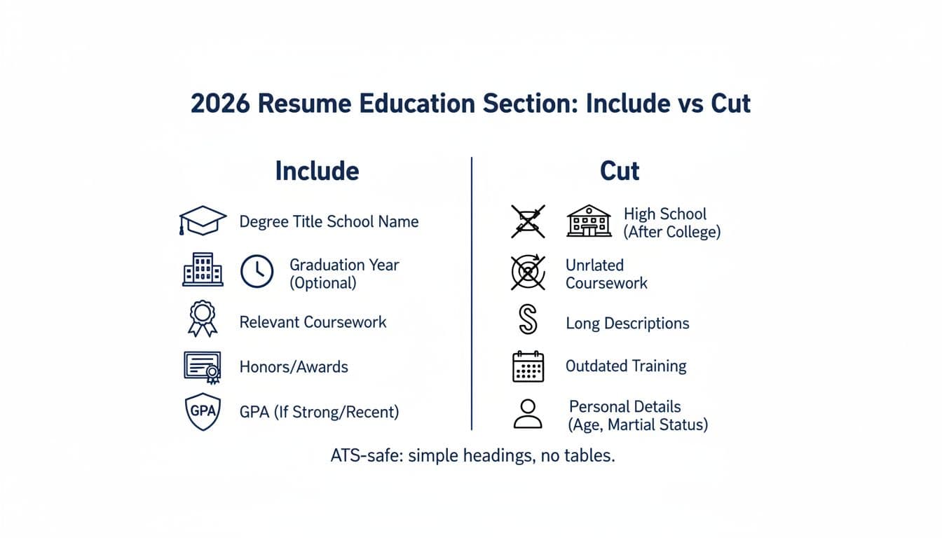 Hand-drawn infographic in black and deep blue ink illustrating a two-column comparison chart for resume education sections, highlighting what to include like degrees and certifications versus what to cut like high school details, with ATS-safe footer note.