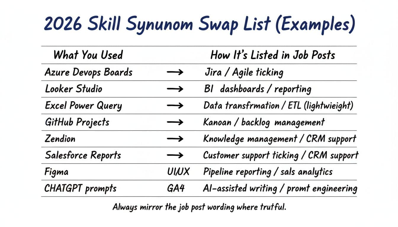 Hand-drawn infographic in clean sketch lines with black and deep blue ink on white background, featuring a two-column table mapping traditional skills to job post synonyms for career optimization.