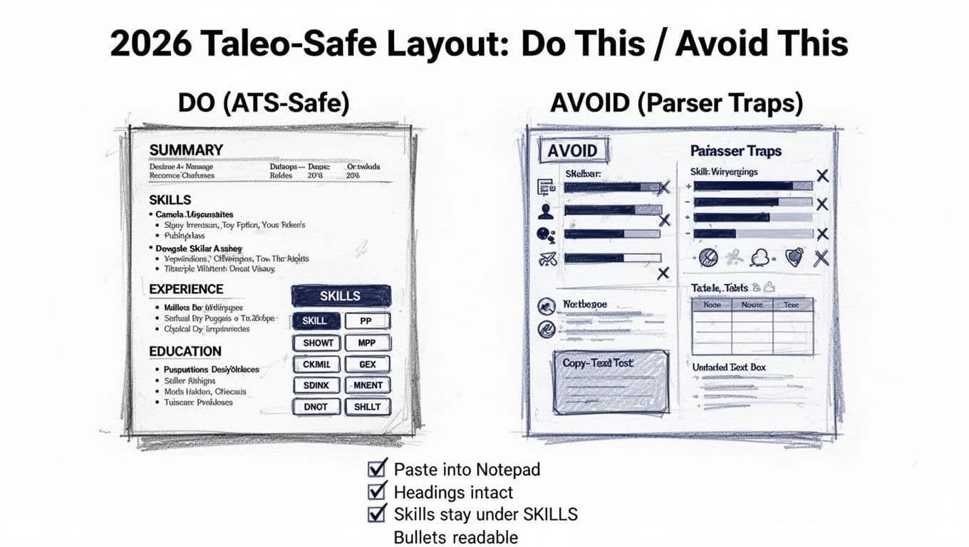 Hand-drawn sketch illustration in black and deep blue ink on white background, split into DO (ATS-Safe) single-column resume wireframe and AVOID (Parser Traps) multi-column layout with traps marked, plus bottom copy-paste test checklist.